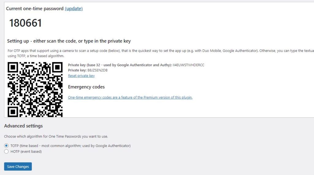 wordpress two factor authentication settings