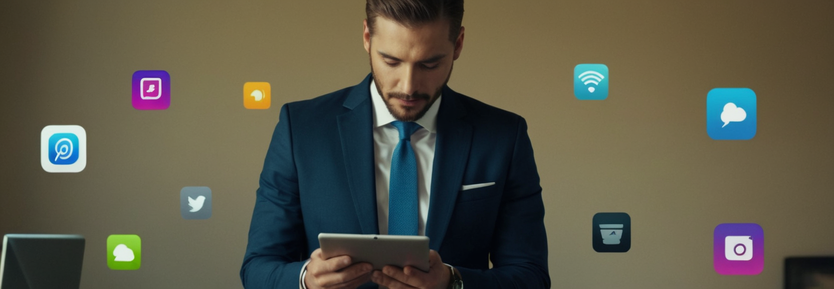 A businessman using a tablet to access apps that streamline his small business operations, enhancing communication, digitizing documents, and boosting efficiency.